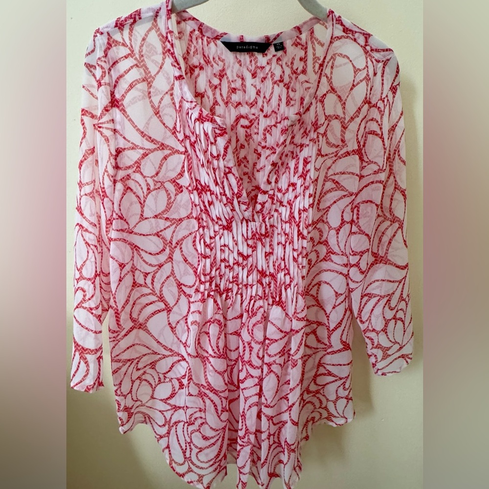 Paradigma XS Red & White Patterned Women's babydoll sheer blouse New